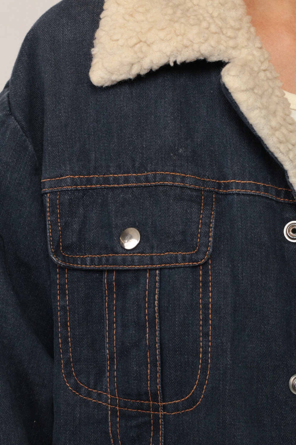 1970s Blue Denim Jacket Faux Shearling Lined Biker Coat Large