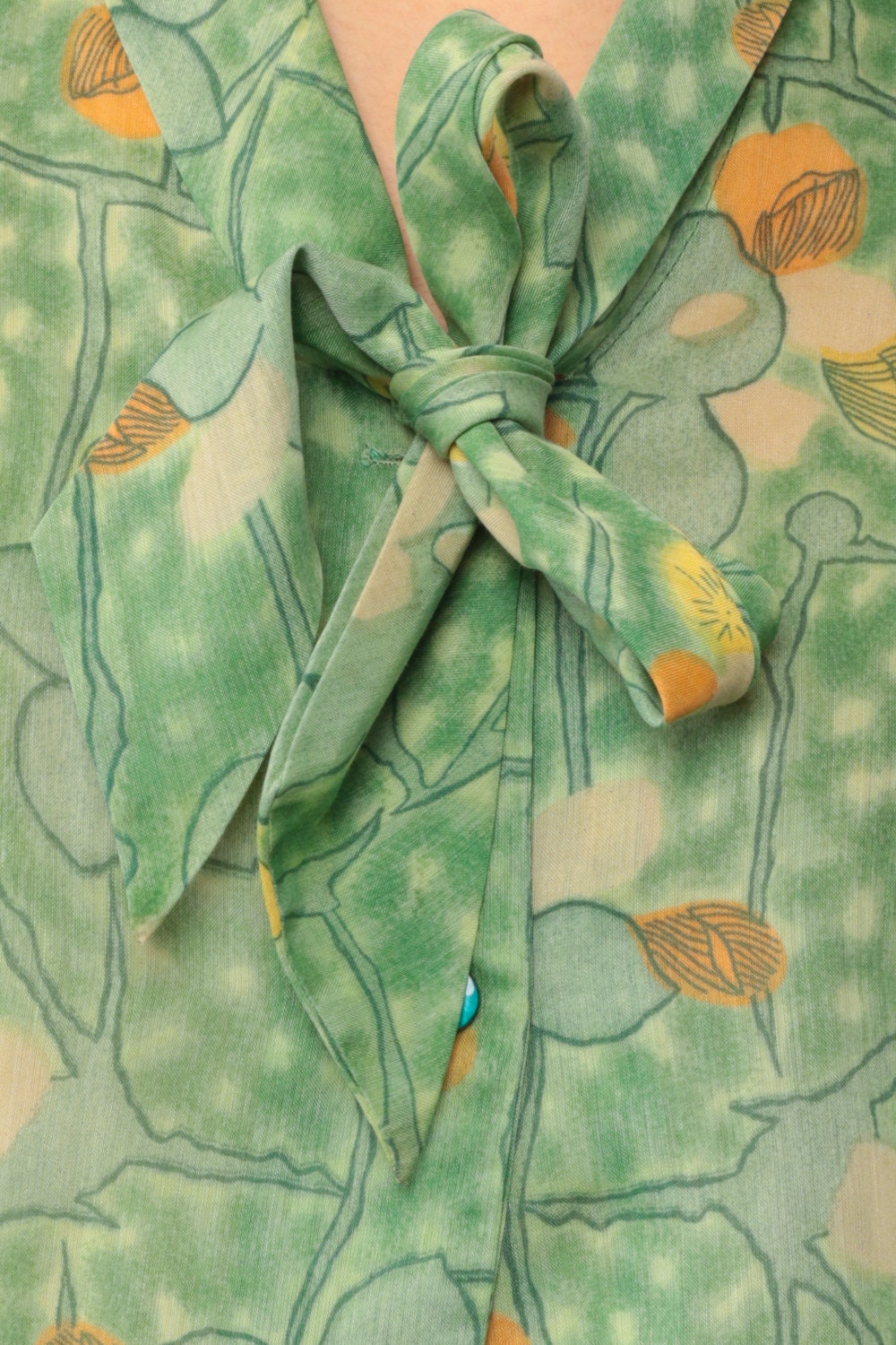 70s Floral Ascot Crop Top Short Sleeve Blouse Green Small Medium