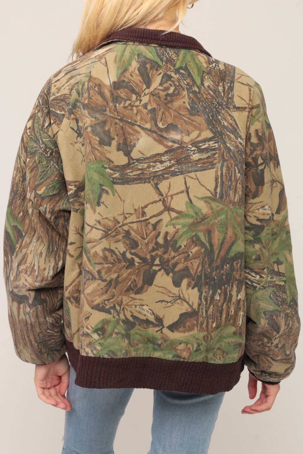 80s Camo Leaf Bomber Jacket Army Green Camouflage Coat Extra Large XL