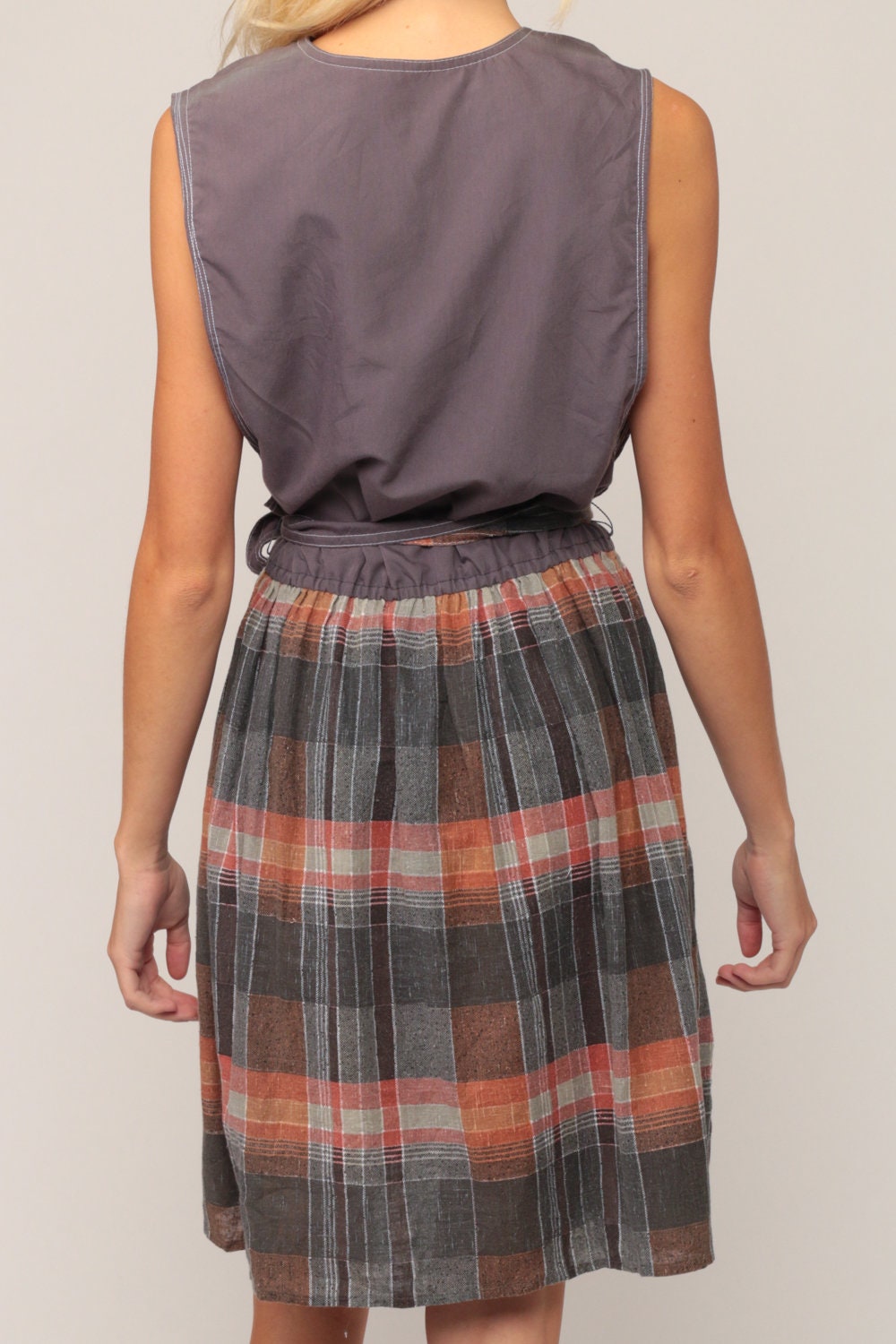 70s Grey Plaid Mini Dress High Waist Button Front Low Armhole Extra Large