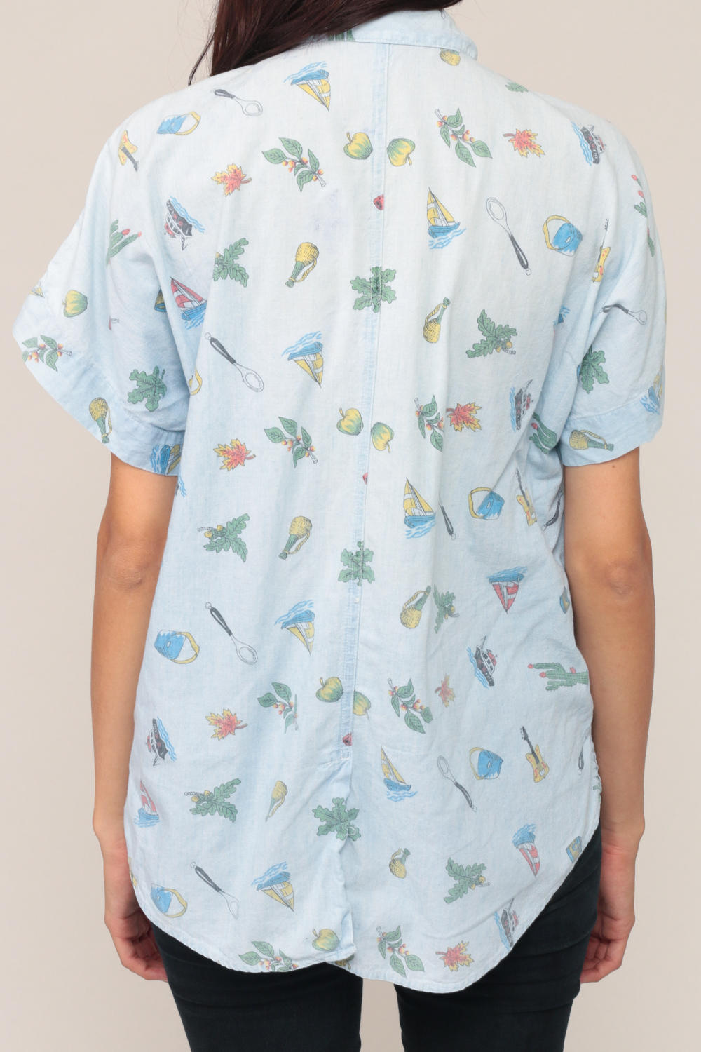 90s Guess Georges Marciano Guitar Sailboat Cactus Button Up Blouse Blue Extra Large