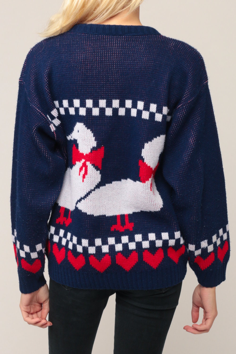 80s Duck Sweater Vintage Animal Knit Pullover Navy Blue Large