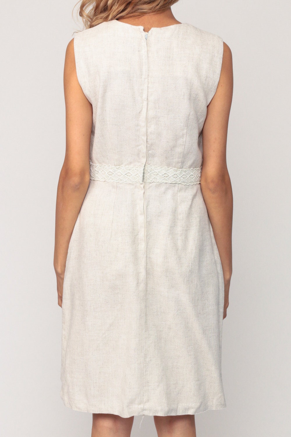 60s Mod Mini Shift Dress Linen Beige Sleeveless High Waist Medium