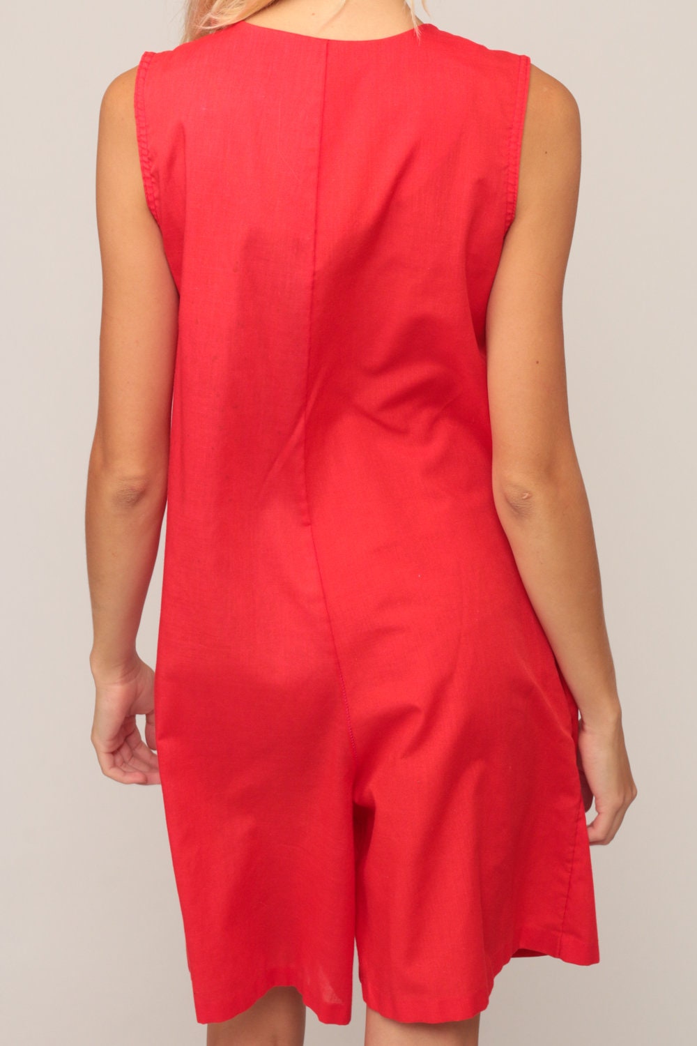 70s Red Mod Romper Playsuit Culottes Sleeveless Zip Front Small