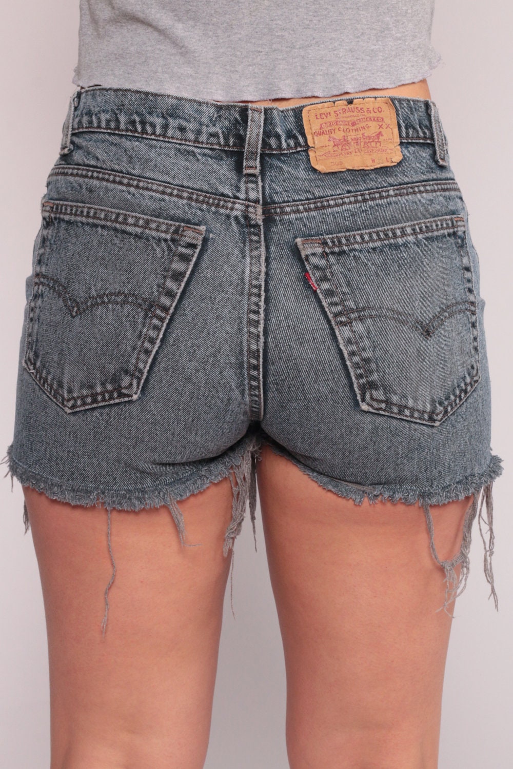 80s Levis 505 Grey Denim Cut-Off Shorts Ripped Frayed High-Waist Medium Large
