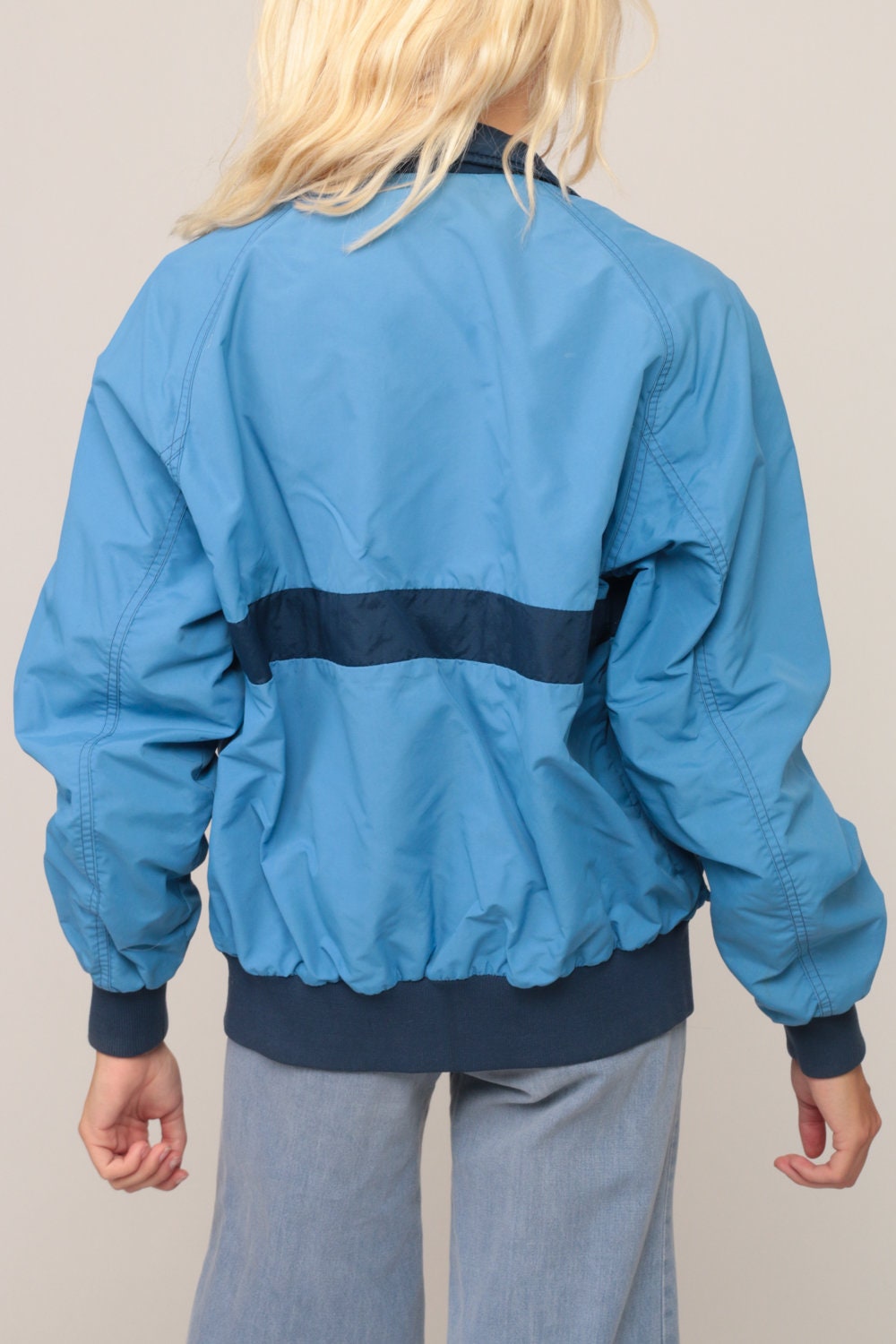 70s Bomber Jacket Baby Blue Nylon Windbreaker Striped Medium