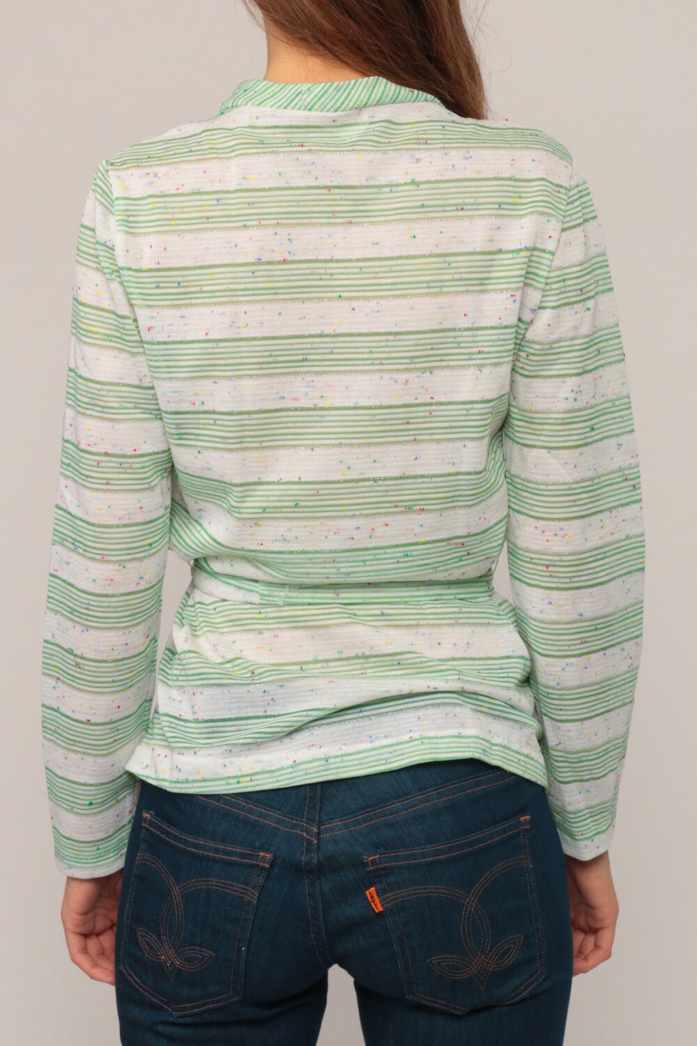 70s Striped Blouse with Attached Cardigan Green White Metallic Medium