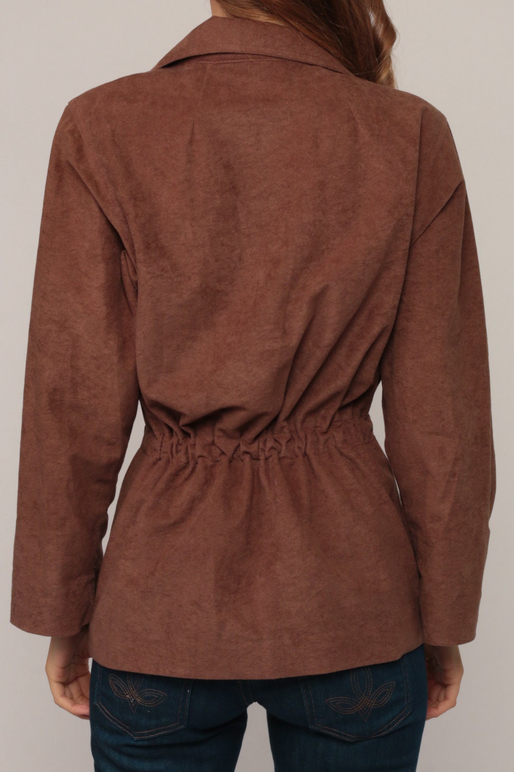 70s Brown Fuzzy Polyester Wrap Jacket Belted Crewneck Large