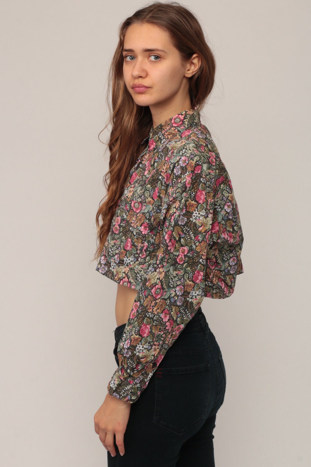 90s Floral Button-Up Crop Top Long Sleeve Blouse Black Pink Medium