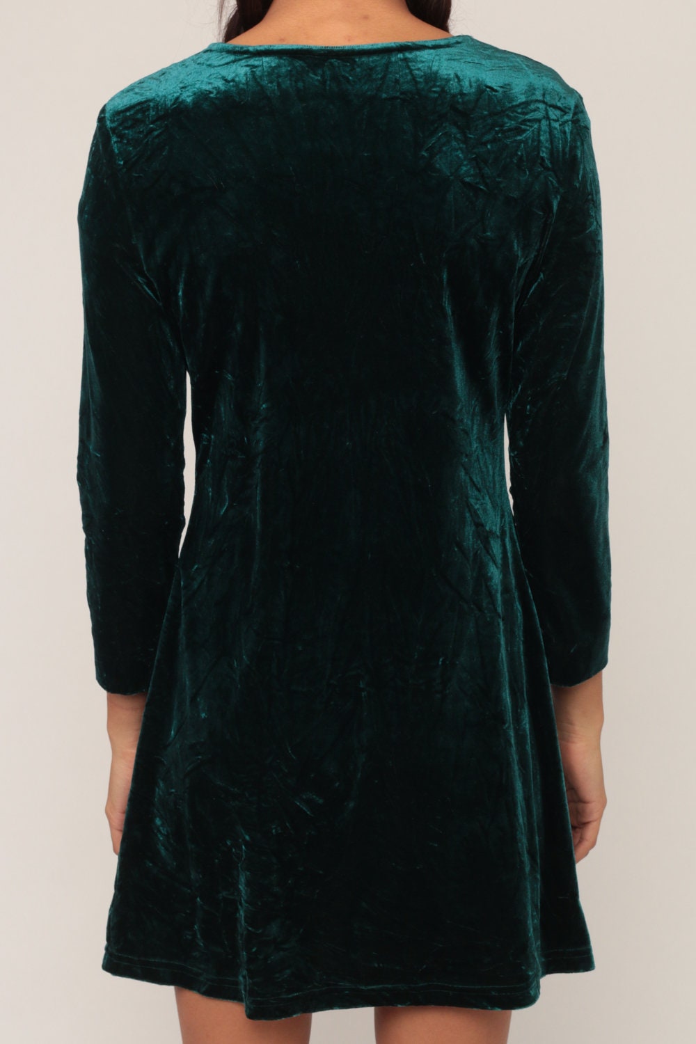 90s Green Velvet Mini Dress Long Sleeve Shift Stretch Medium