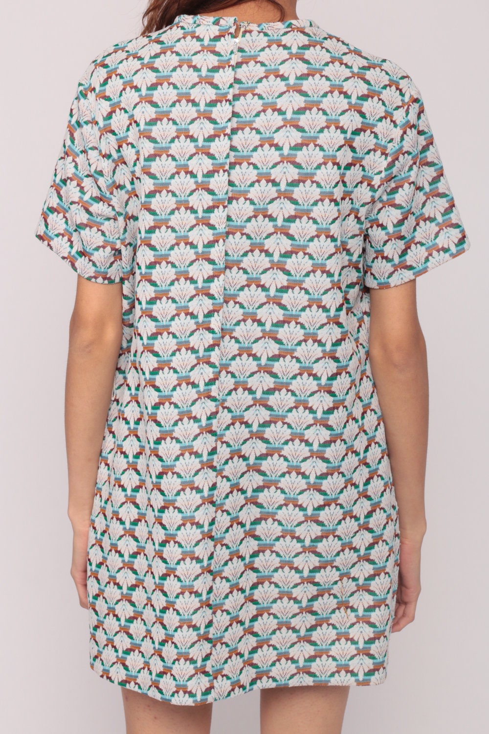 1960s Mod Shift Mini Dress Geometric Wallpaper Print Belted Large