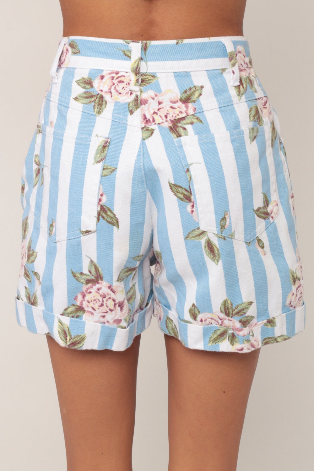 90s Floral Striped High Waisted Denim Shorts Blue Jean Extra Small