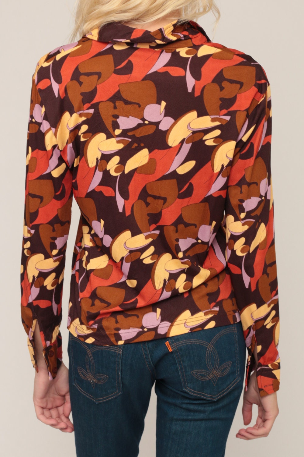 70s Psychedelic Print Button-Up Blouse Long Sleeve Brown Nylon Medium