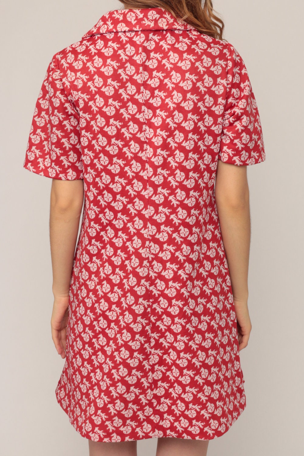 70s Rickshaw Print Shift Mini Dress Button Up Red Large