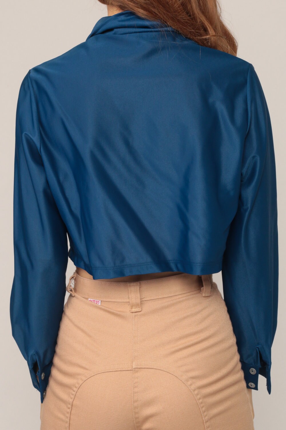 70s Blue Crop Top Long Sleeve Button Up Shirt Medium