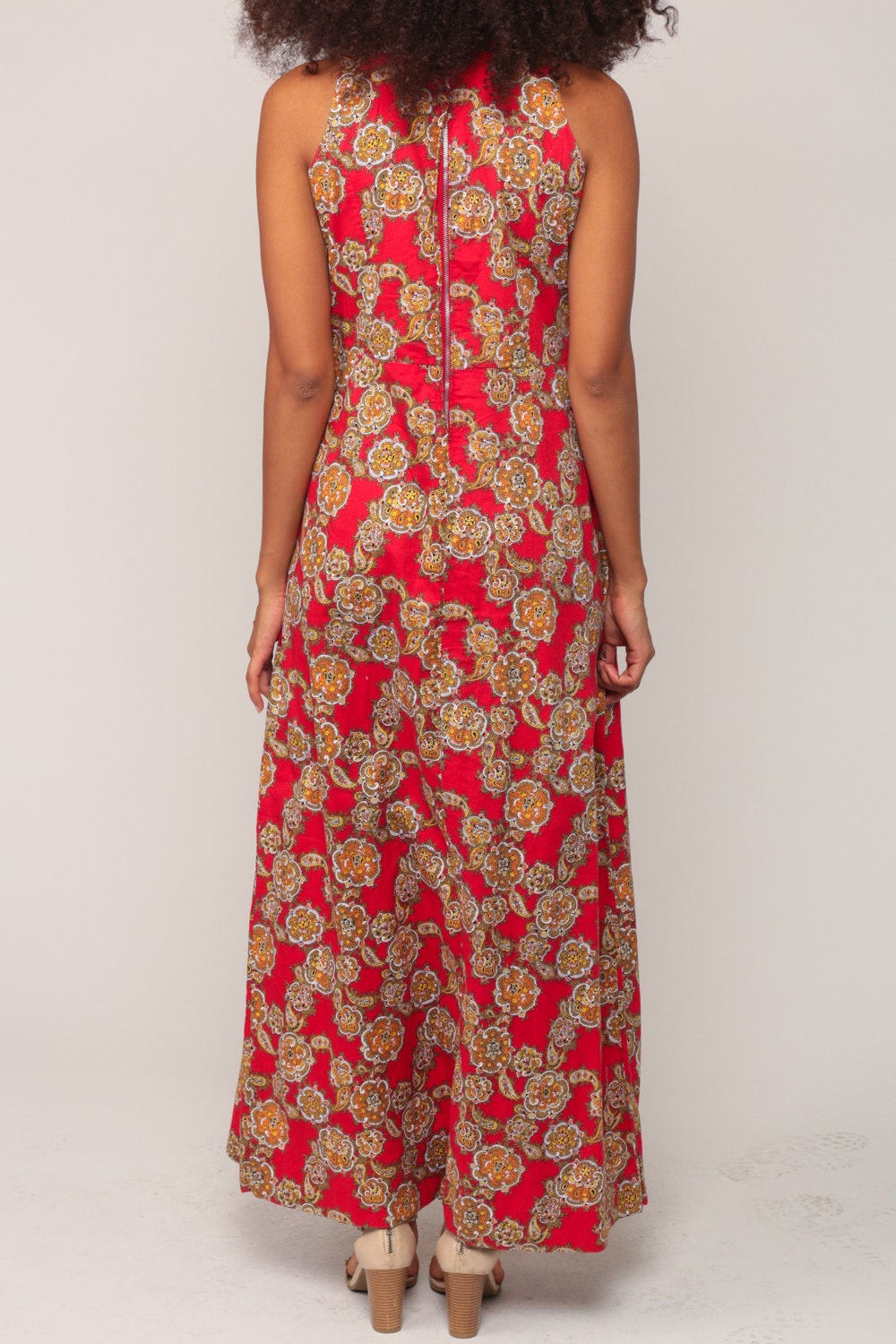 70s Paisley Print Maxi Dress High Waisted Sleeveless Red Small Medium