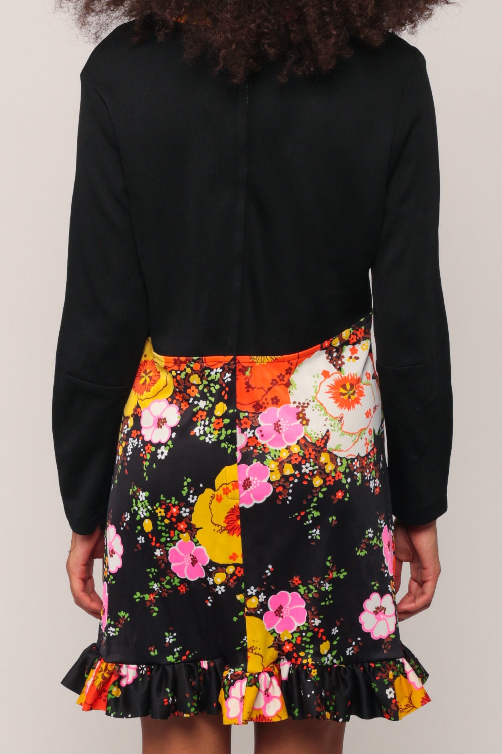 70s Floral Empire Waist Mini Dress Long Sleeve Ruffled Black Large