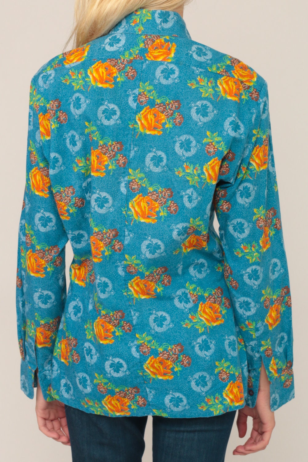 70s Blue Floral Button-Up Blouse Long Sleeve Pointed Collar Medium