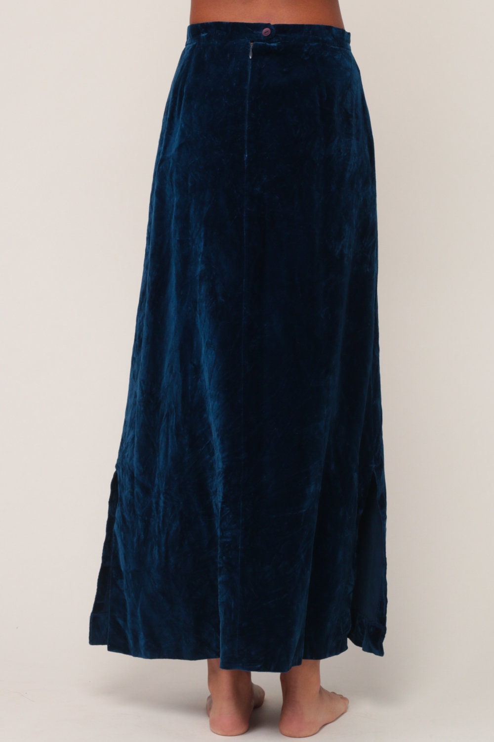 70s Blue Velvet Maxi Skirt High Waisted Side Slit Long Skirt Small