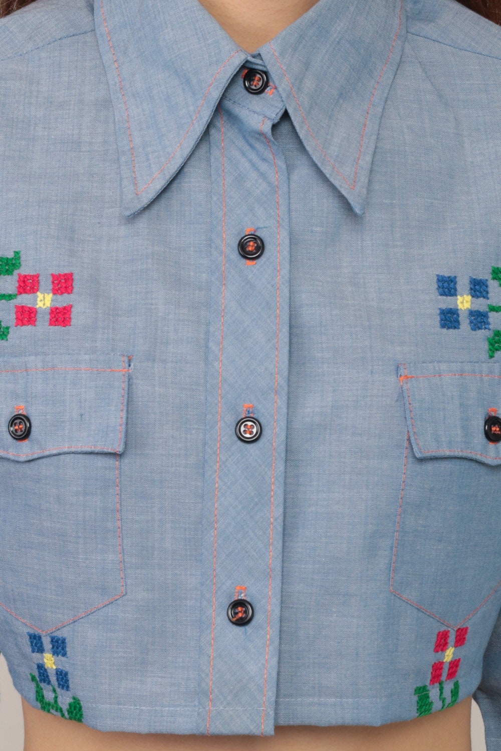 70s Blue Chambray Shirt Floral Embroidered Crop Top Long Sleeve Small