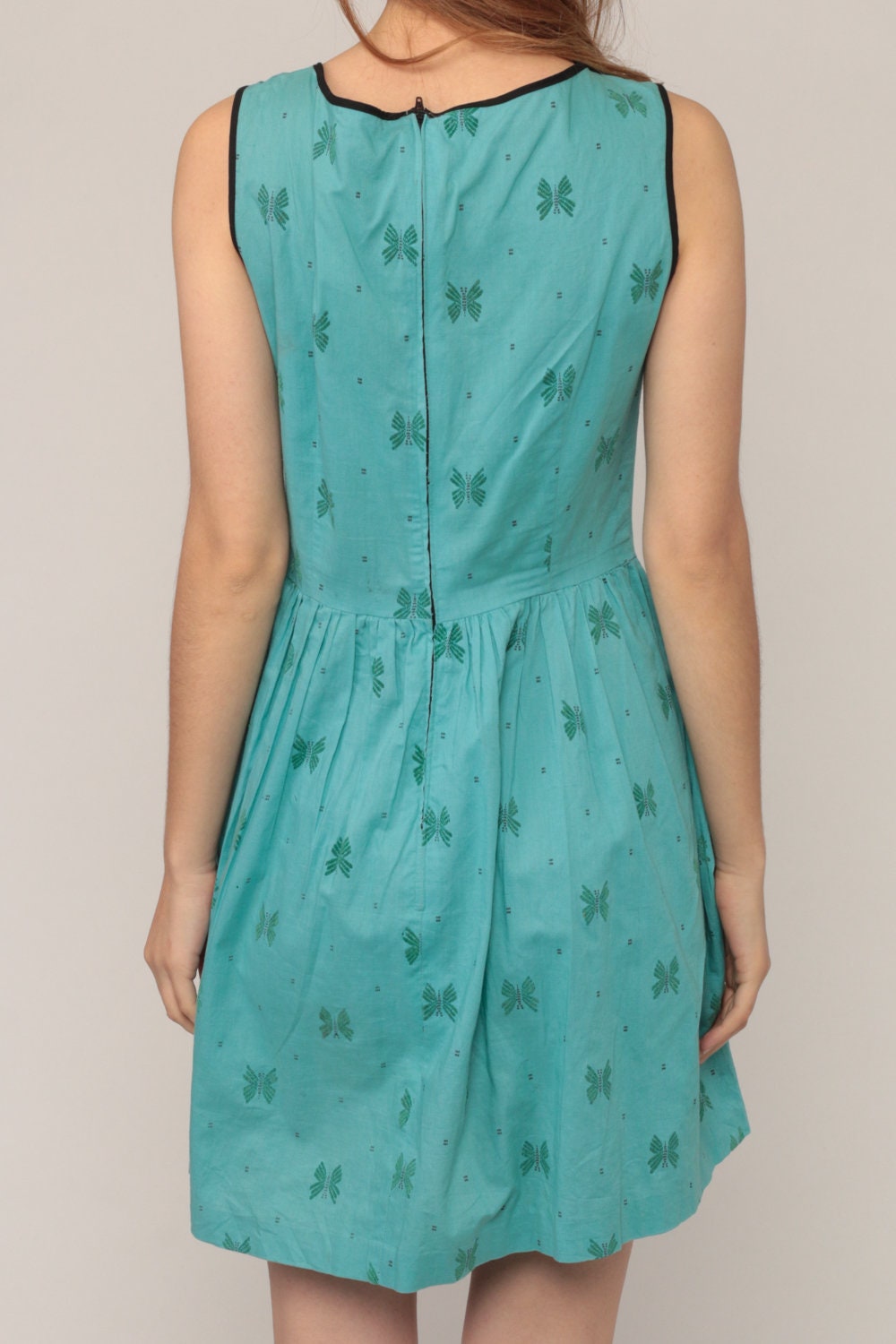 60s Butterfly Print Turquoise Mini Dress Cotton Sleeveless High Waist Small