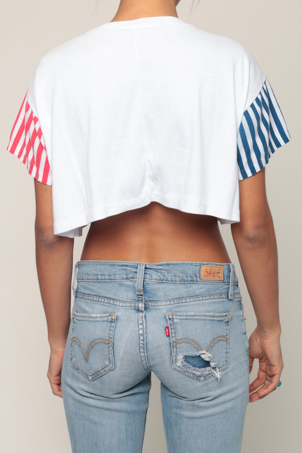 90s Sailor Graphic Crop Top Red White Blue Striped T-Shirt Medium Large