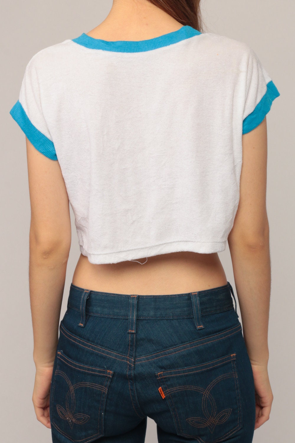 80s Sailboat Graphic Ringer Crop Top Terry Cloth Tee Small Medium