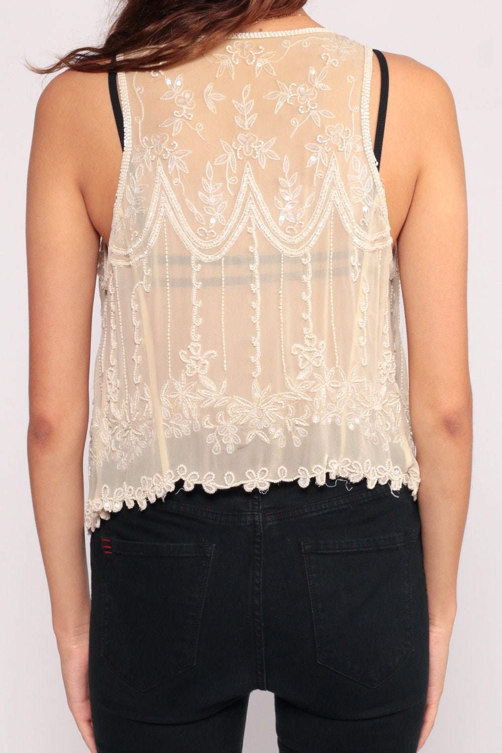 90s White Beaded Sequin Gauze Vest Top Sheer Blouse Extra Small