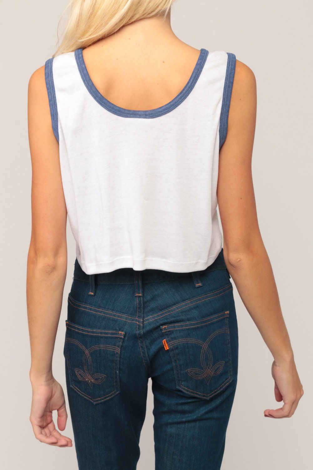 80s Surfer Graphic Ringer Tank Top Crop White Medium Large