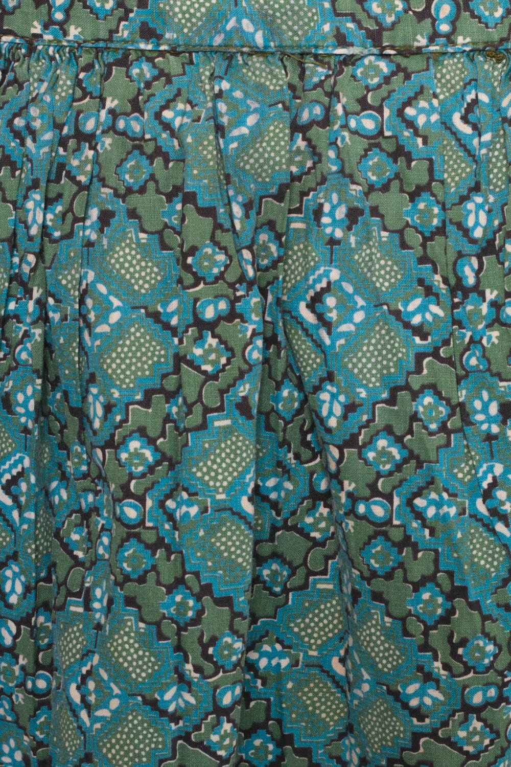 60s Circle Skirt High Waist Knee Length Green Blue Cotton Small