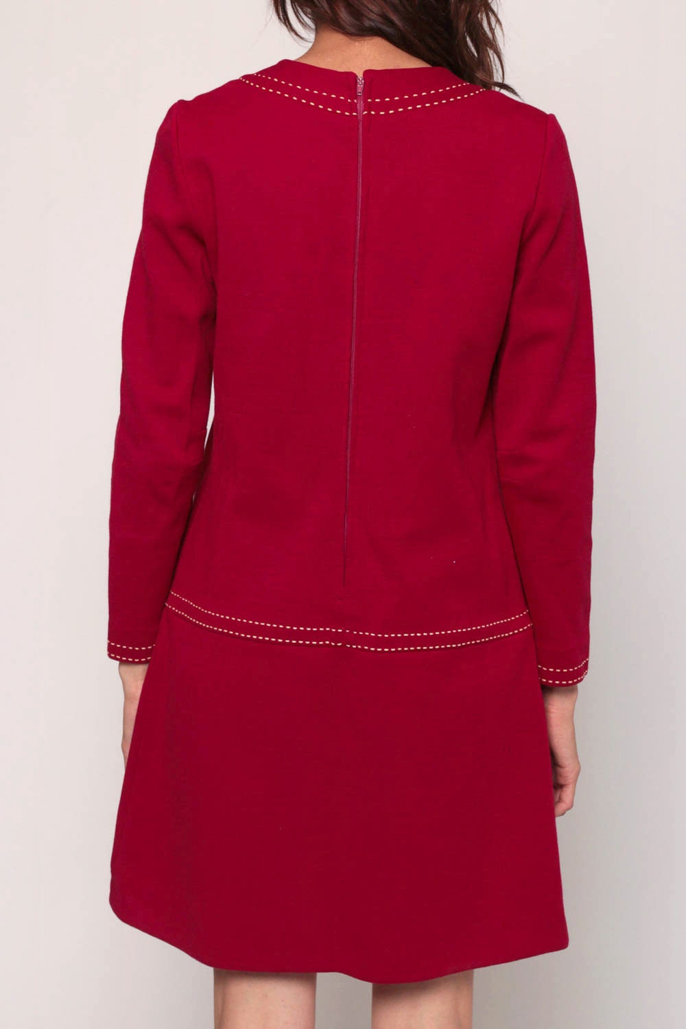 1970s Mod Mini Dress Wool Blend Red Drop Waist Long Sleeve Medium