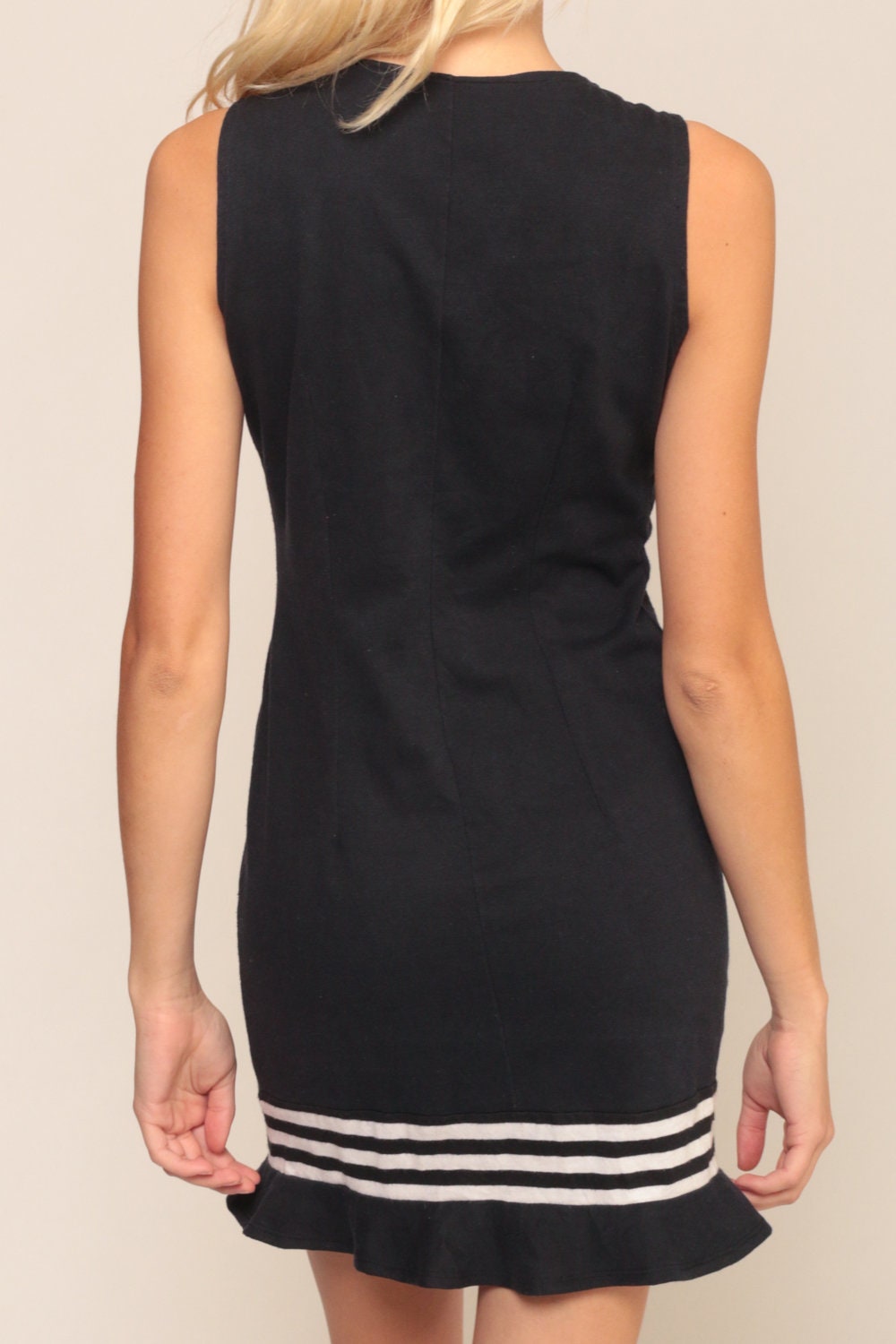 80s Black Mini Dress Button-Up White Striped Bow Sleeveless Sheath Extra Small