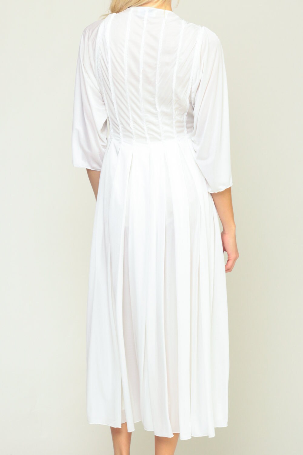 70s White Pleated Lingerie Robe Semi-Sheer Midi Kimono Small