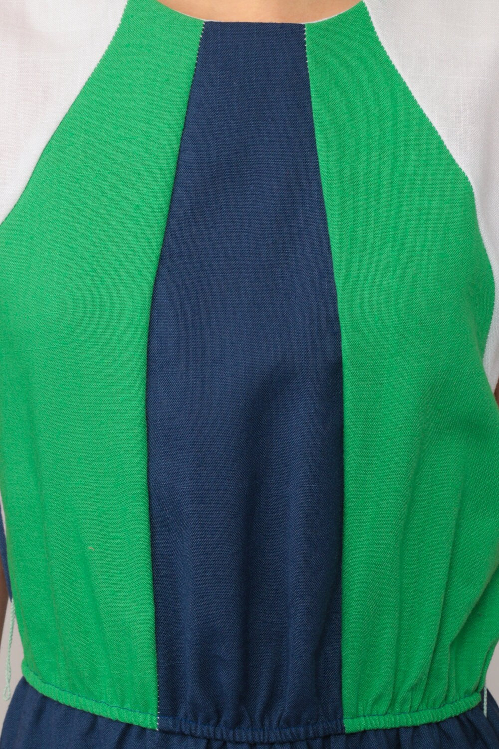 70s Striped Mini Dress Navy Blue Green White Cap Sleeve High Waist Large