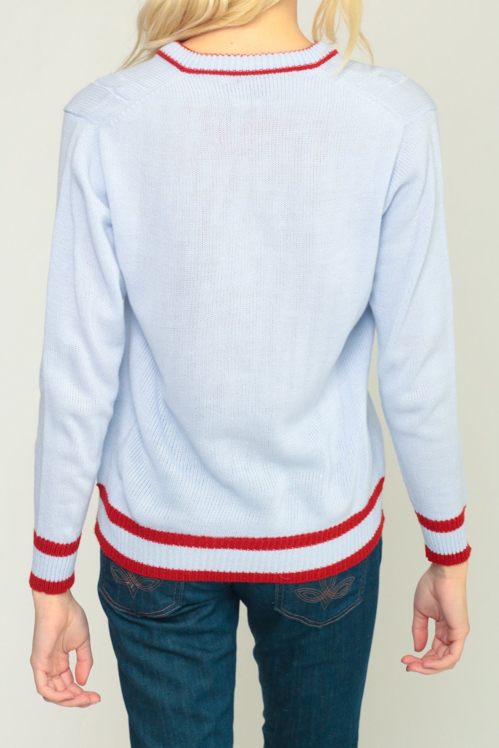 70s Cable Knit V-Neck Sweater Blue Pullover Small