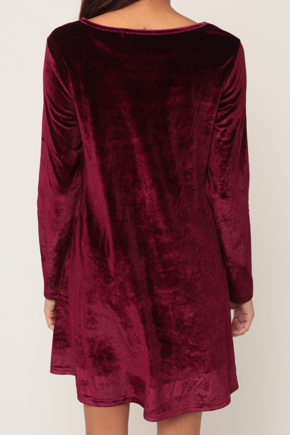 90s Burgundy Velvet Mini Dress Long Sleeve A-Line Small
