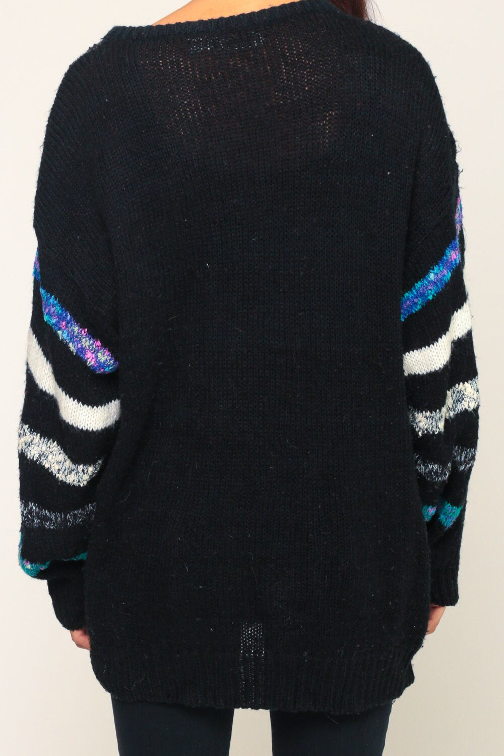 80s Leaf Print Knit Pullover Black Purple Abstract Sweater Extra Large