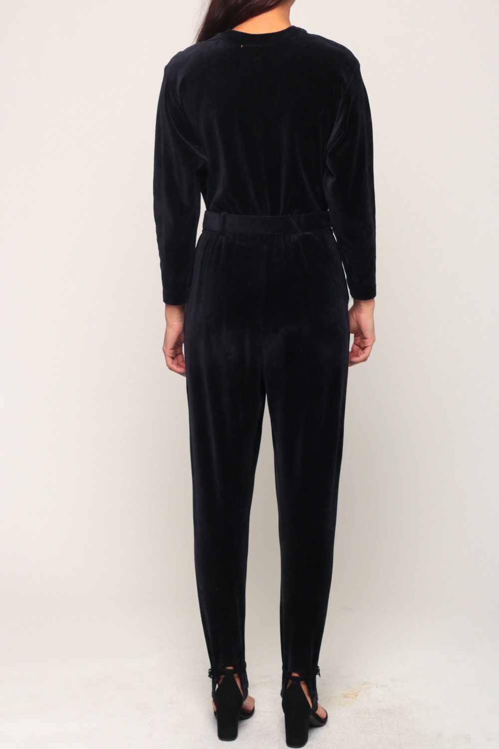 80s Black Velour Jumpsuit Stirrup Tapered Belted Button-Up Small