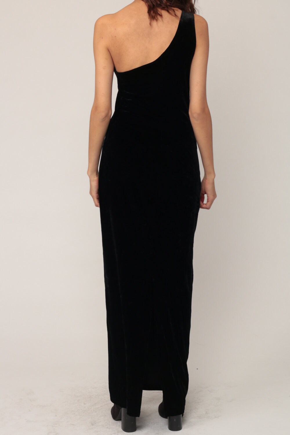 90s Black Velvet One-Shoulder Maxi Dress Bodycon Medium