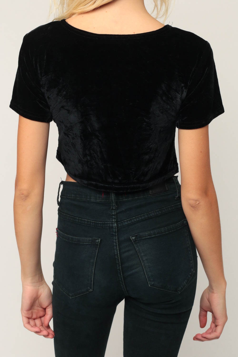 90s Black Velvet Crop Top Short Sleeve Blouse Extra Small