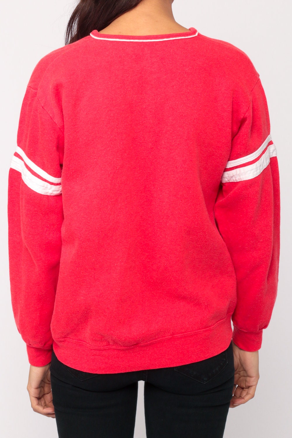 80s Red Striped V-Neck Sweatshirt Long Sleeve Pullover Small Medium