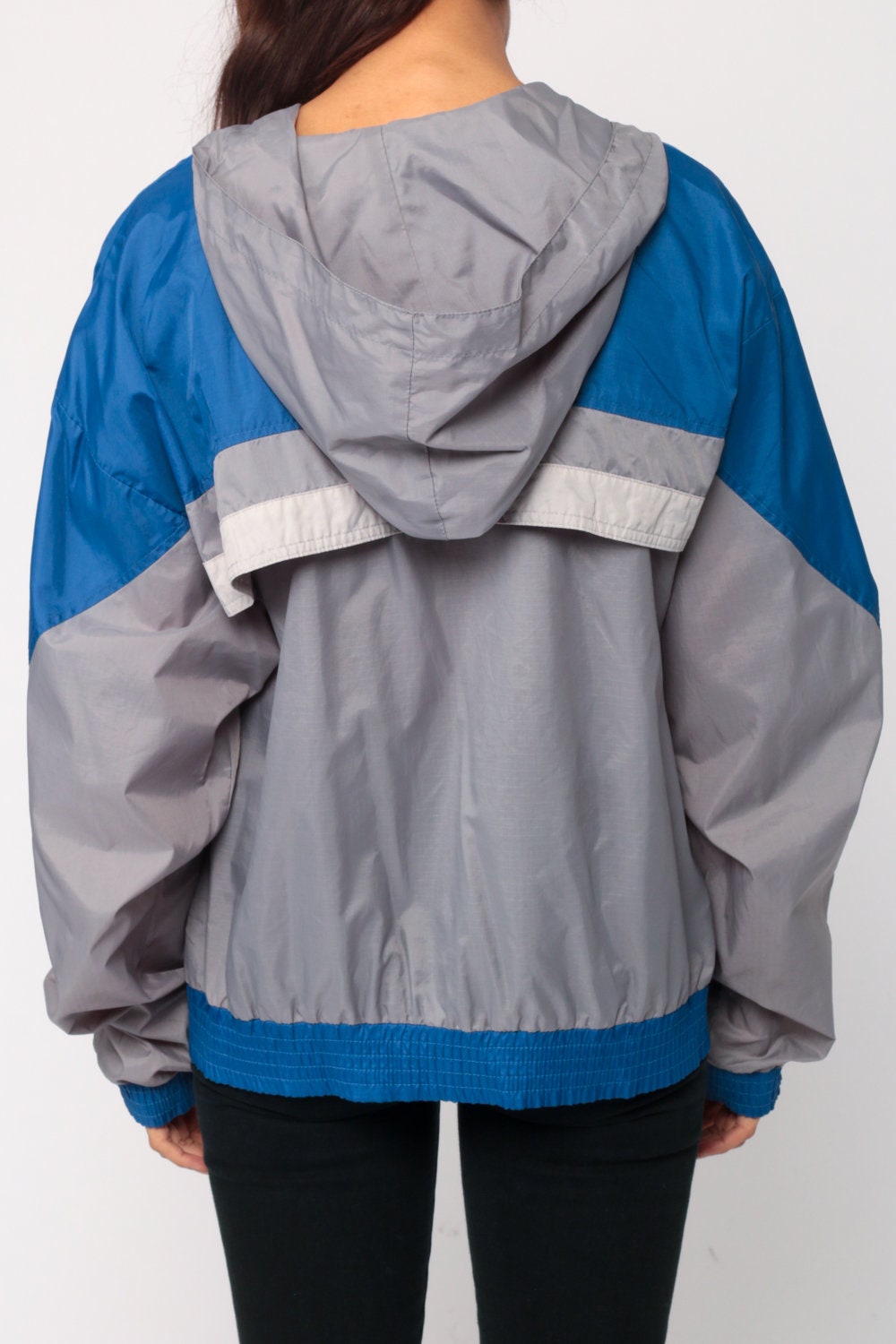 Puma 80s Windbreaker Jacket Half Zip Hooded Grey Blue Stripe Small