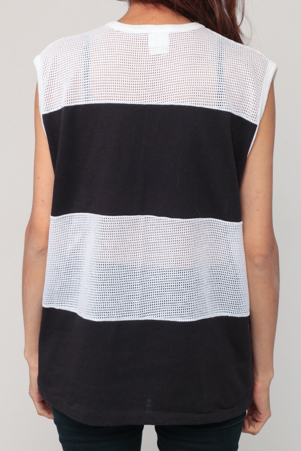 80s Mesh Tank Top Sheer Striped Black White Sleeveless Extra Large