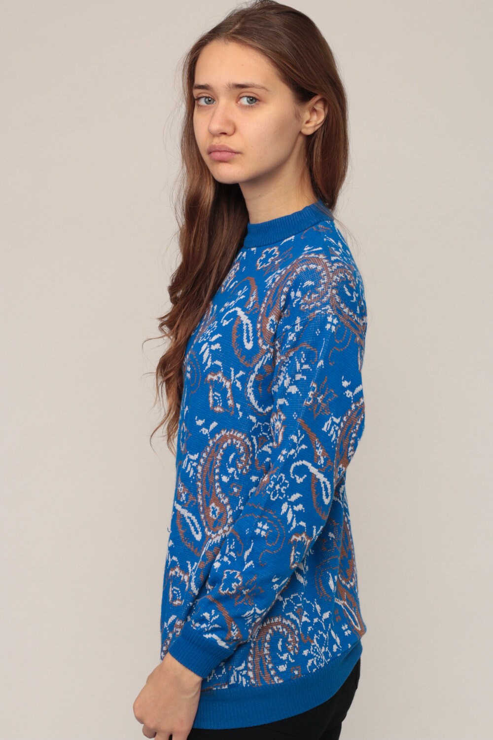70s Paisley Print Pullover Sweater Blue Small