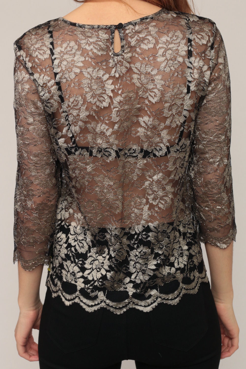 80s Metallic Lace Blouse Sheer Long Sleeve Scalloped Hem Small Medium