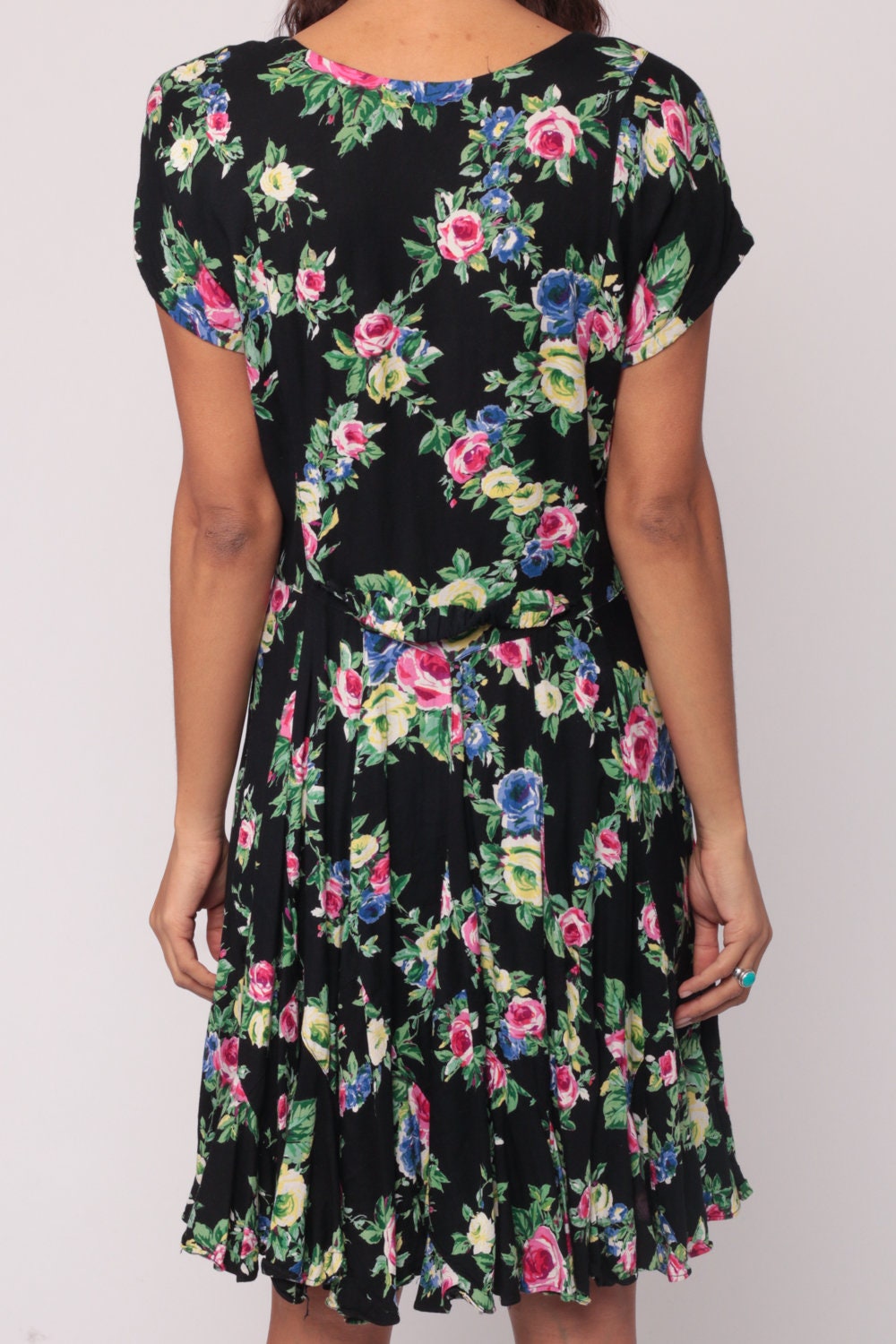 90s Black Floral Rayon Mini Dress Drop Waist Button Front Medium