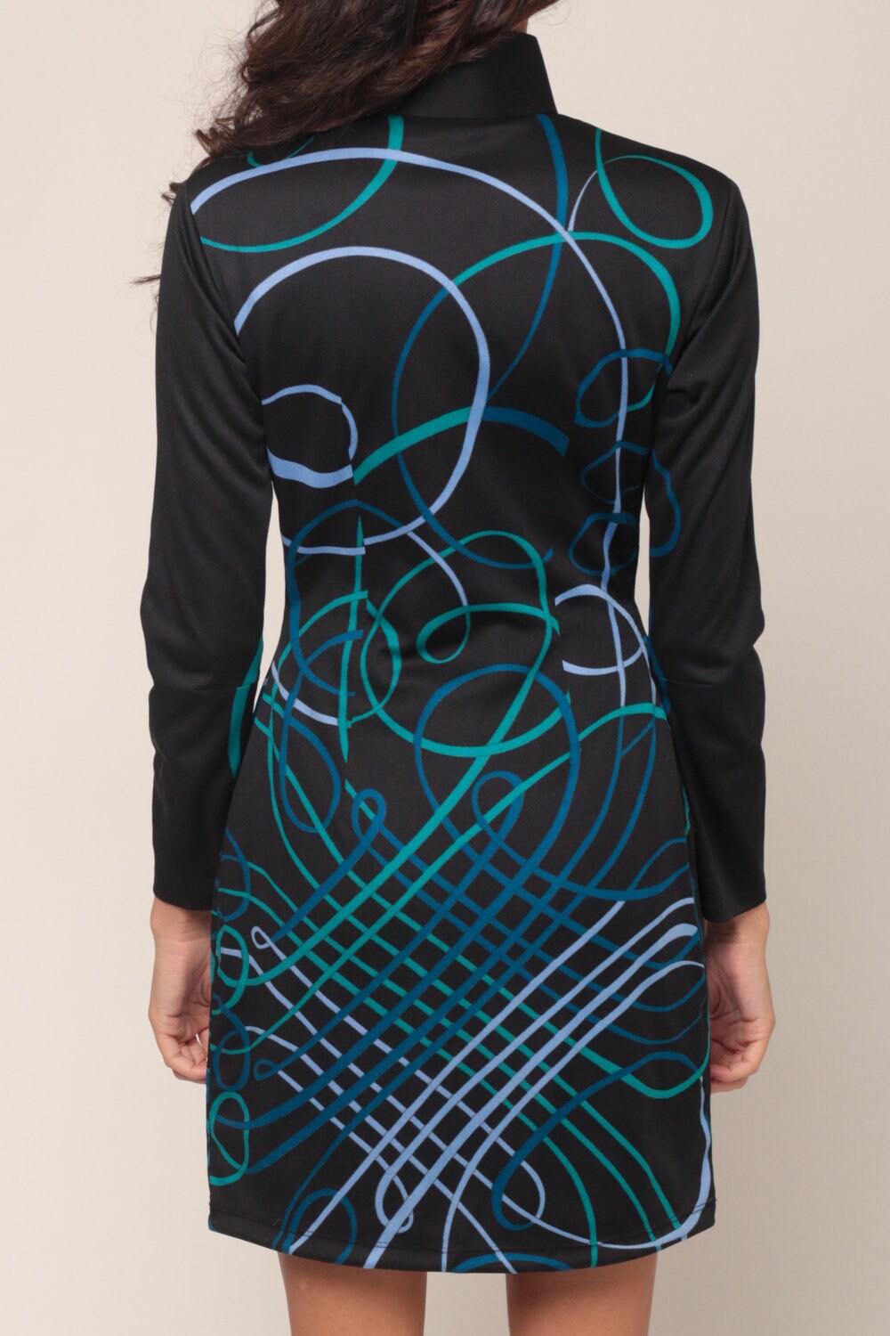 70s Cheongsam Mini Dress Black Swirl Print Mandarin Collar Long Sleeve Extra Small