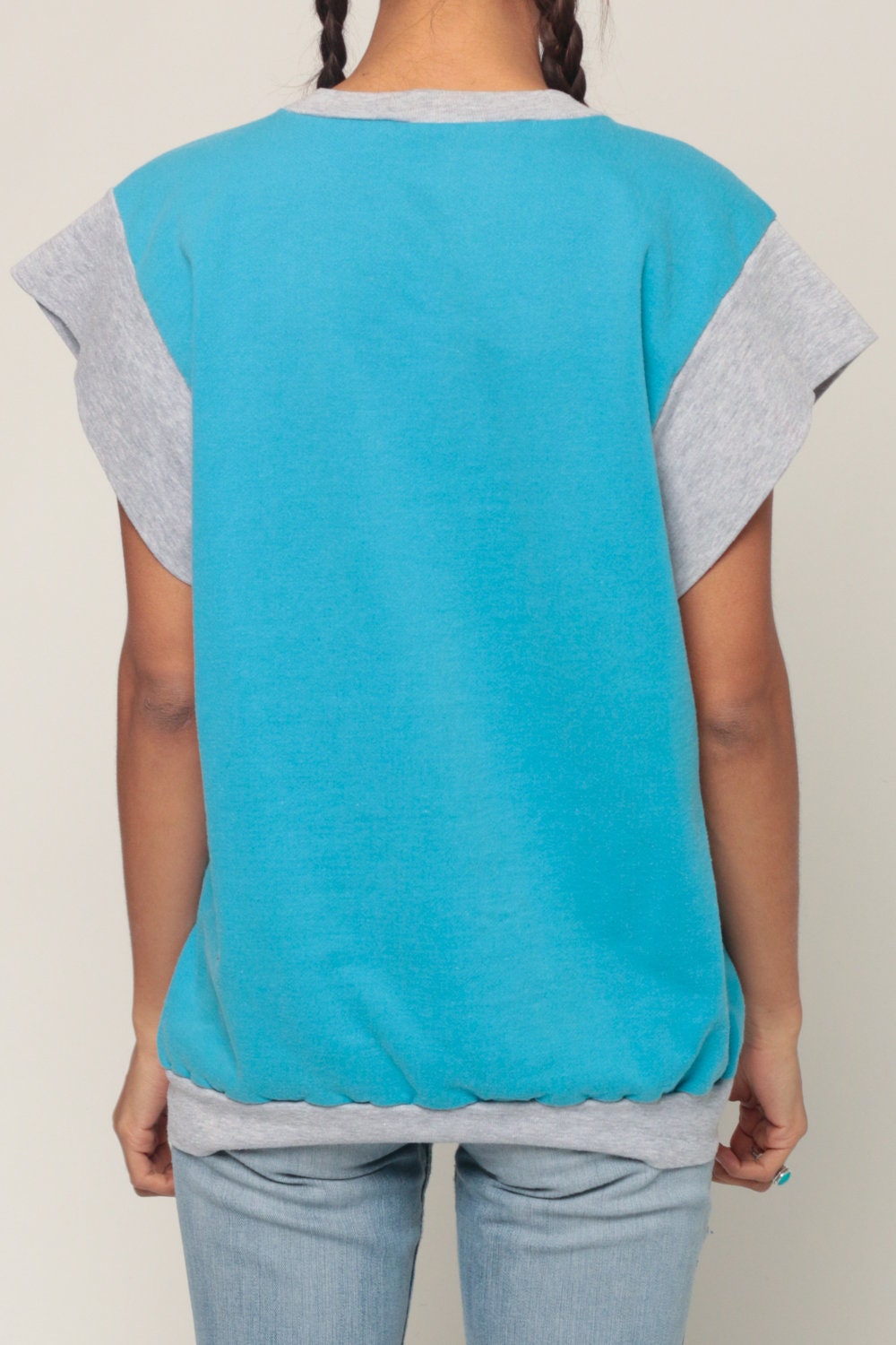 80s Turquoise Ringer Sweatshirt Short Sleeve Slouchy Crewneck Extra Large XXL