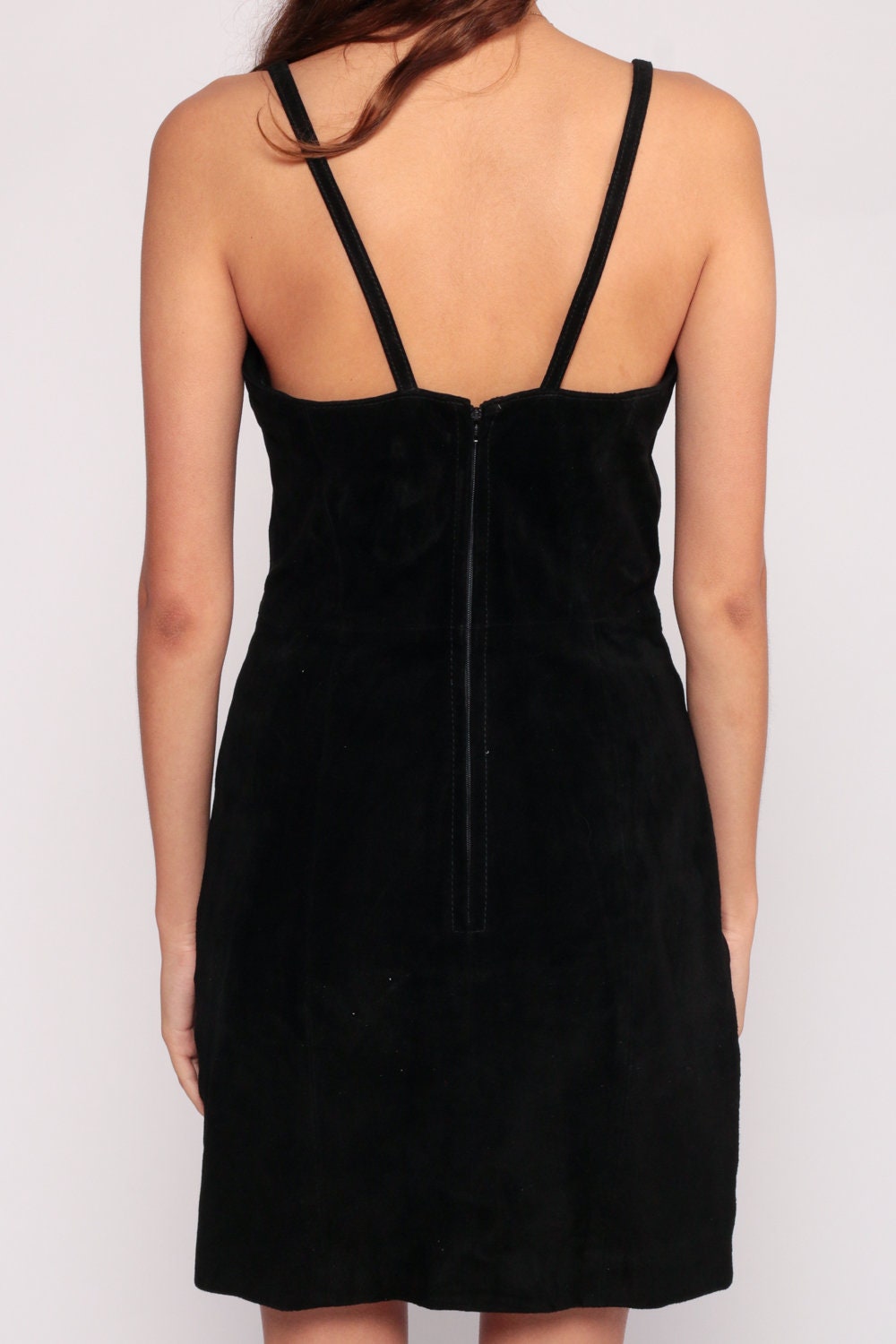 80s Wilsons Leather Black Suede Mini Dress Bodycon Sweetheart Neckline Small