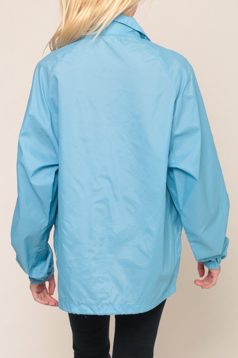 70s Baby Blue Windbreaker Jacket Snap Front Drawstring Unisex Extra Large